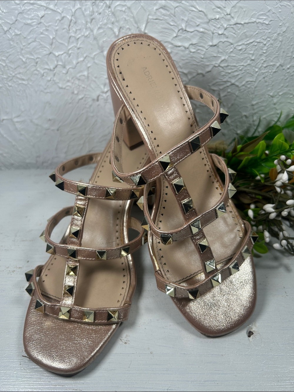 Adrienne Vittadini Metallic Rose Gold Studded Strappy Slide In Block Heel Sandal - Picture 2 of 12